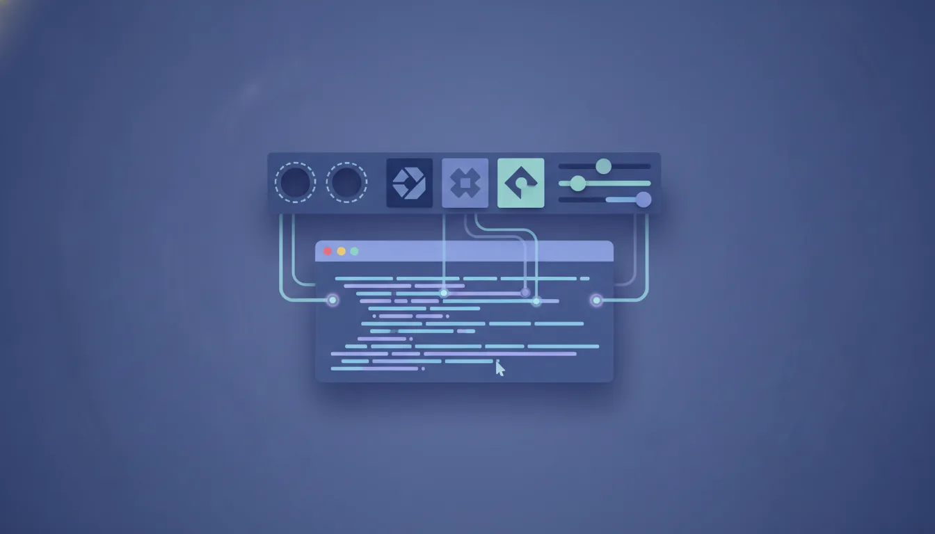 A control panel of hooks, plug-in modules, and settings sliders wired into a terminal window