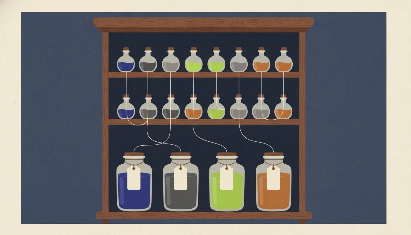 A tall shelving unit seen head-on. The bottom shelf holds a small number of large, labelled jars of pigment, each with one clear tag. The shelves above hold many smaller unlabelled bottles, and thin threads run from each small bottle down to one of the big labelled jars it was poured from.