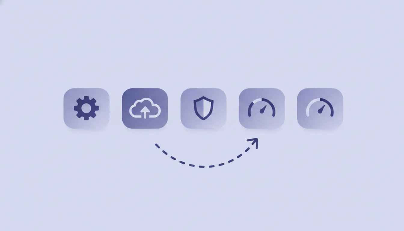 A row of delivery-pipeline icons — a gear, a cloud upload, a shield, and two gauges — with a rising arrow, in indigo