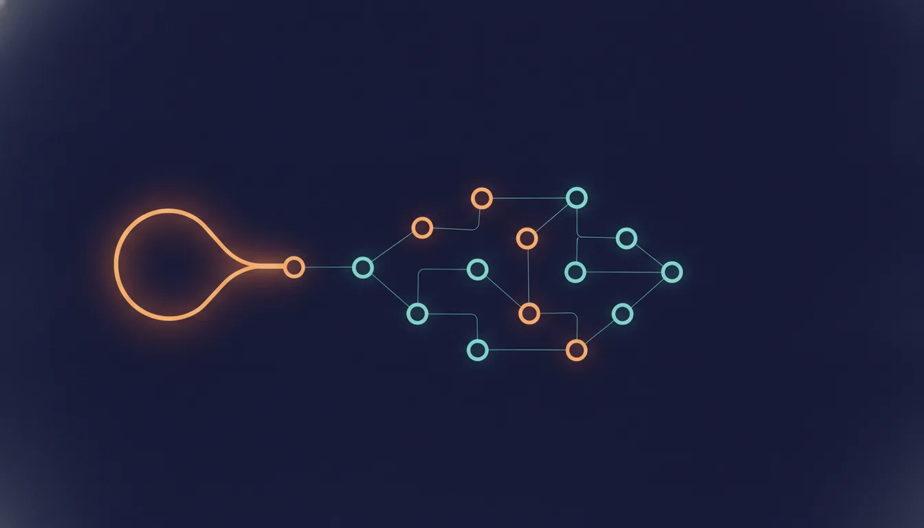 A single glowing loop unfurling into a network of interconnected loops, drawn as an abstract editorial illustration