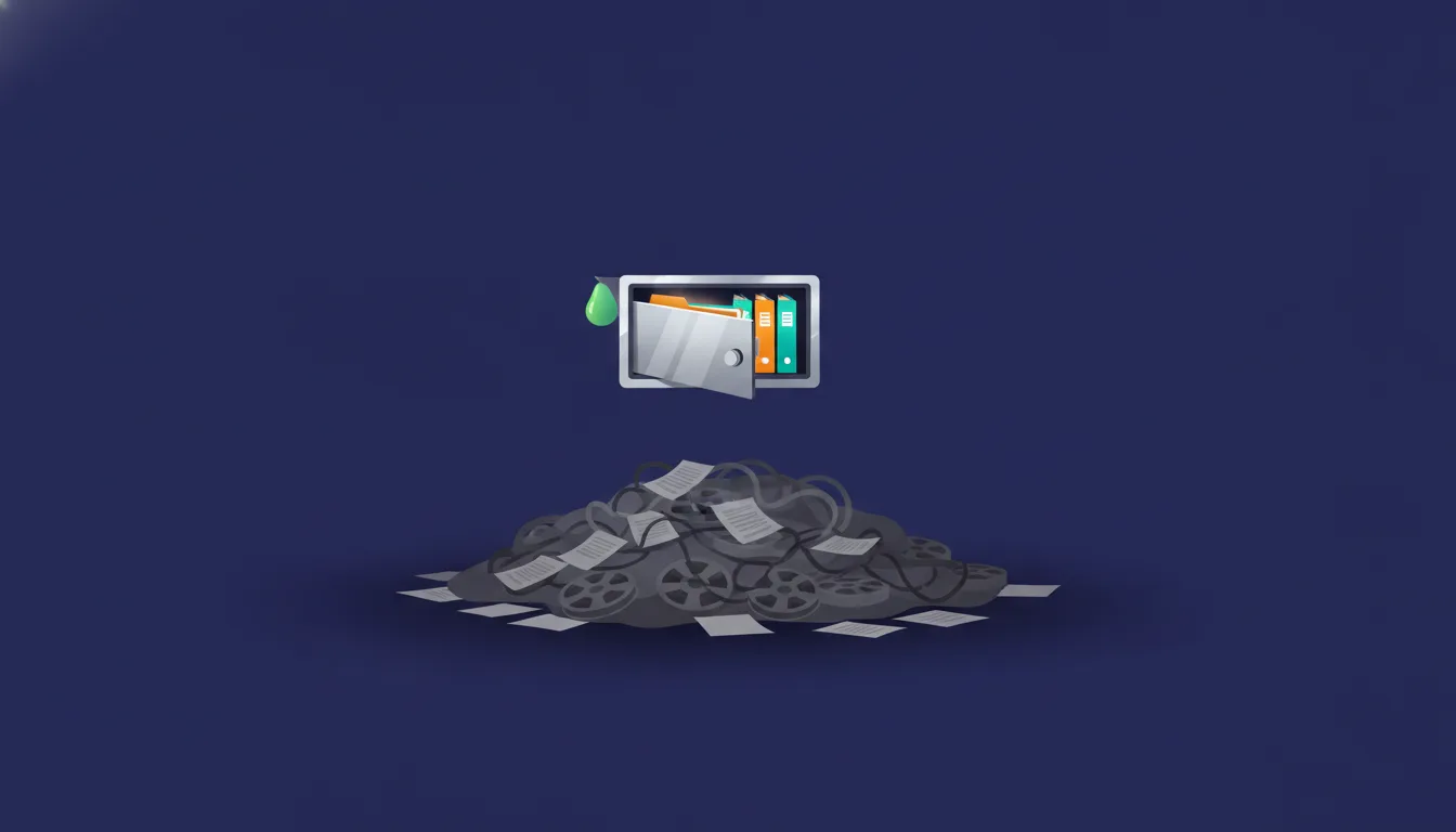 A small open vault holding a few bright folders, floating above a large dimmed heap of loose papers and tangled tape reels