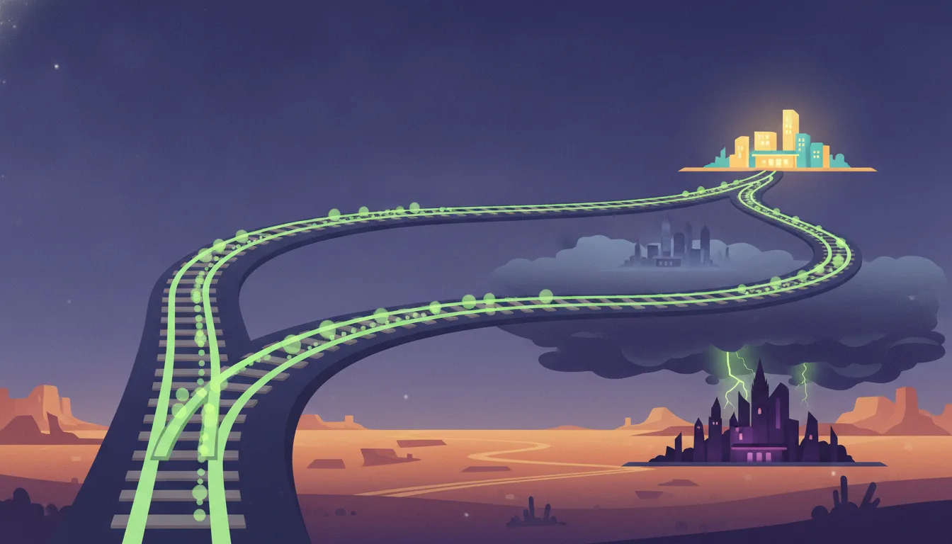 A glowing railway track splits at a switch in a desert at dusk, its branches carrying beads of light toward three distant cities: one bright and welcoming, one lost in fog, one under a storm