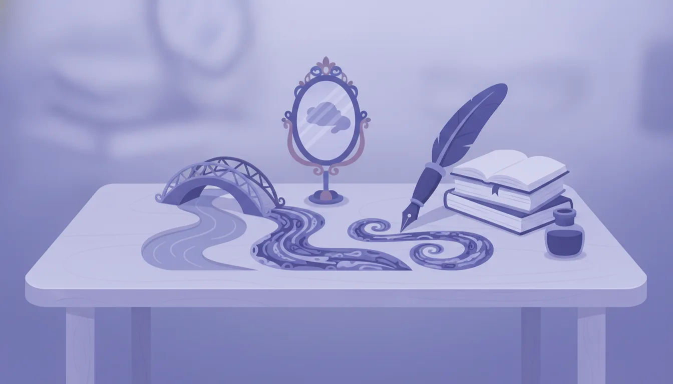 A writer's desk where language flows from a fountain pen past a metaphor bridge and a simile mirror, in a muted indigo palette