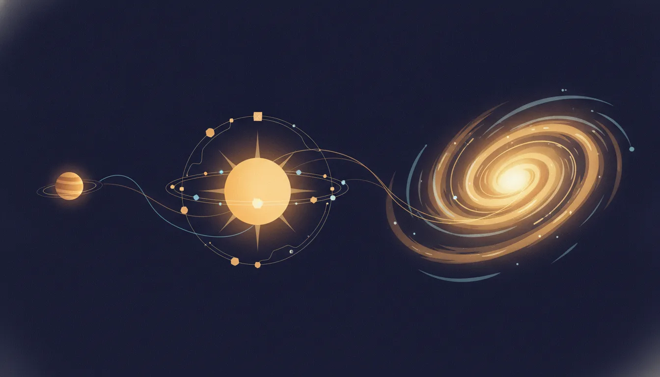 A stylized progression from a planet to a star to a spiral galaxy, illustrating rising scales of harnessed energy