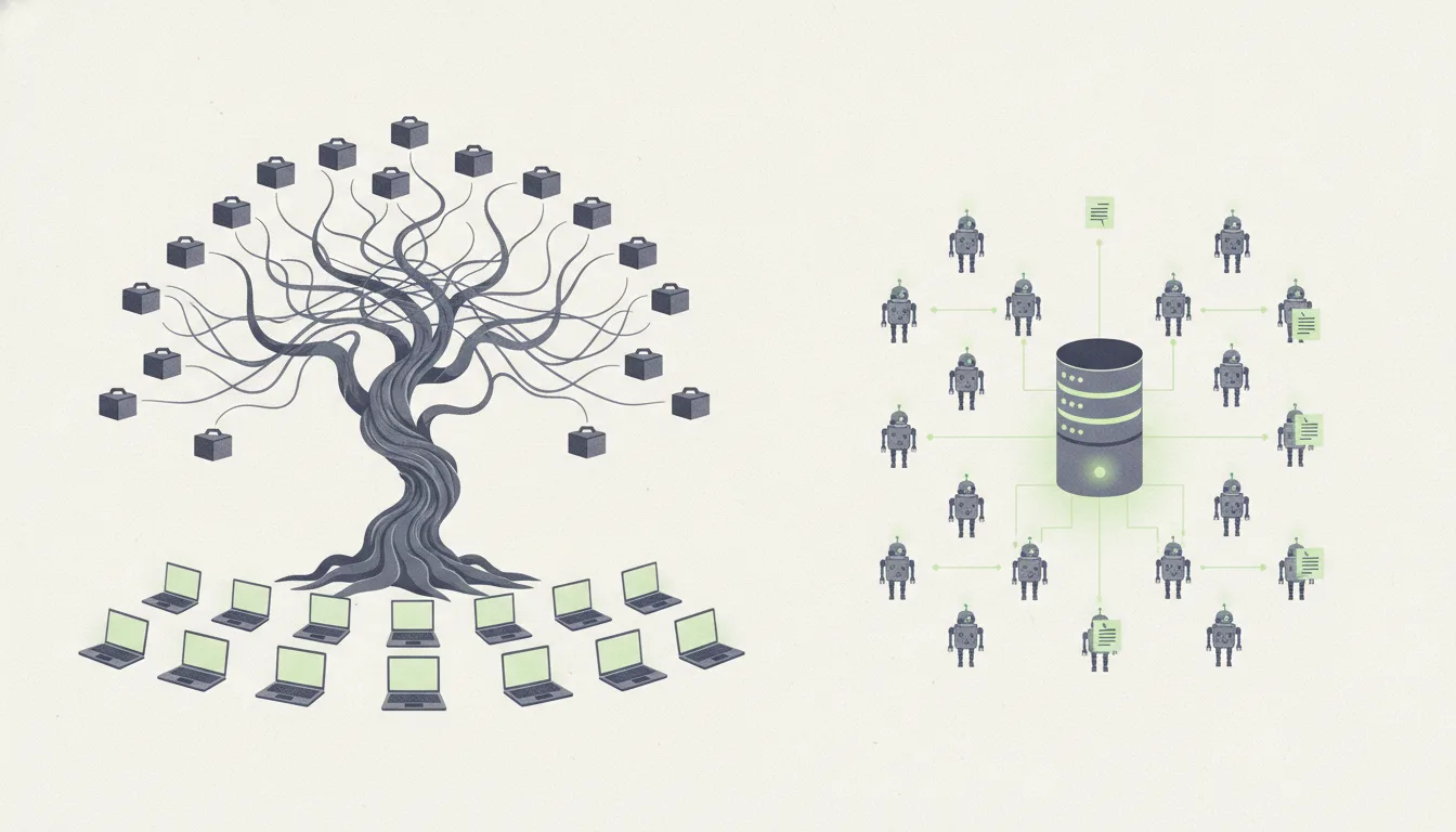 A flat illustration in two halves: on the left, a twisting tree whose branches each end in a heavy box, with a full copy going to every laptop in a row below; on the right, one glowing central server surrounded by small robots, each linked to it by a thin line and receiving a single page