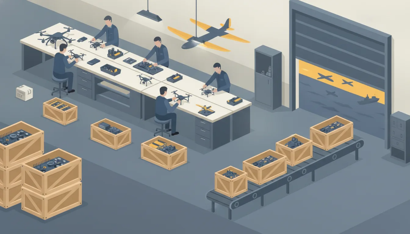 Flat illustration of a drone workshop: workers at long white benches assemble small four-rotor drones and fixed-wing drones from circuit boards and batteries. Wooden crates of parts and finished drones stand on the floor, and a conveyor belt carries crates towards a large open door that looks out on cargo planes and a ship.