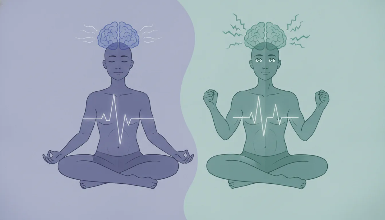 A seated meditating figure split into a calm settled side and a tense alert side, with a brain above and a heartbeat line across the chest