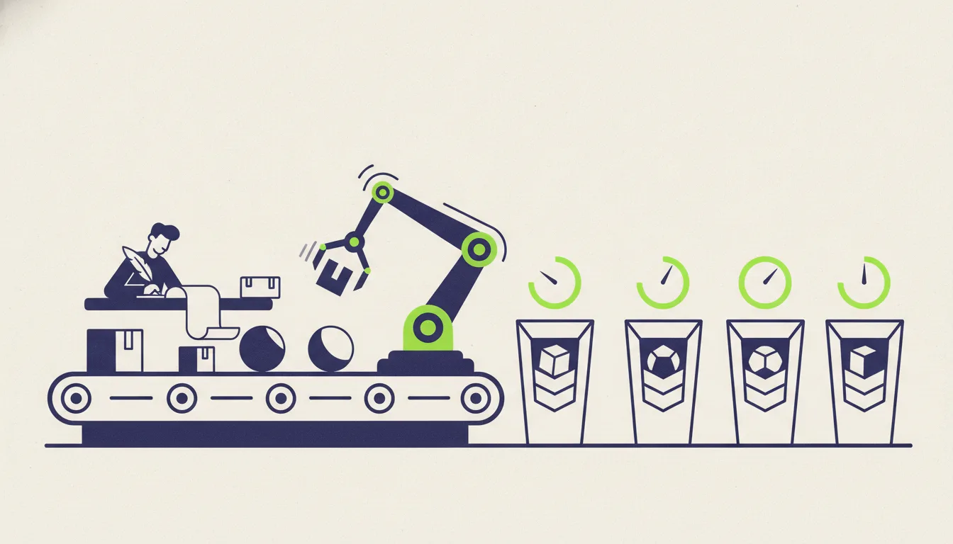 A sorting machine on a factory line: parcels arrive on a conveyor belt and a single mechanical arm flicks each one into one of several labelled chutes without pausing, while a slower human clerk at a desk in the background writes a full report about a single parcel.