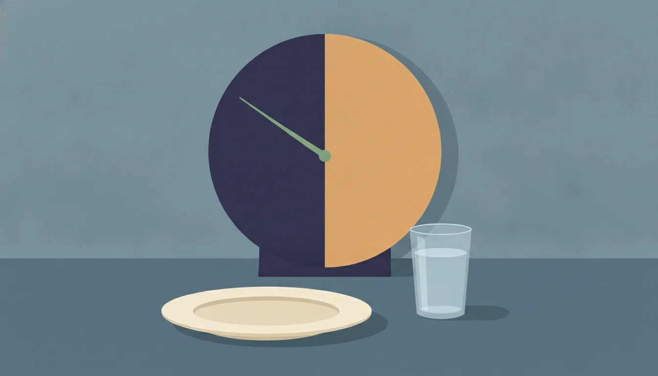 An empty plate, a glass of water and a clock on a bare table, suggesting the passing hours of a fast