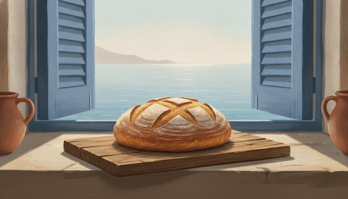 A rustic loaf of bread on a wooden board beside an open window with the sea in the background