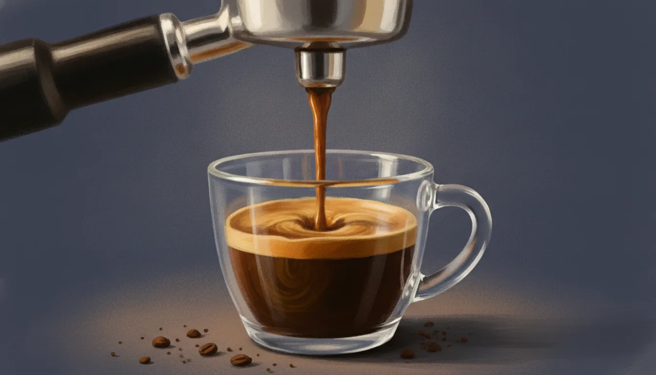 A portafilter pouring a rich espresso shot with crema into a glass cup, coffee grounds scattered around the base in warm brown tones
