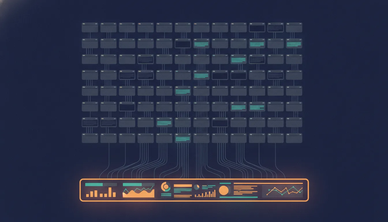 A grid of many small browser windows, most of them dark and empty with a scattered few lit in teal, thin lines running down from all of them and converging into one glowing dashboard bar of charts at the bottom