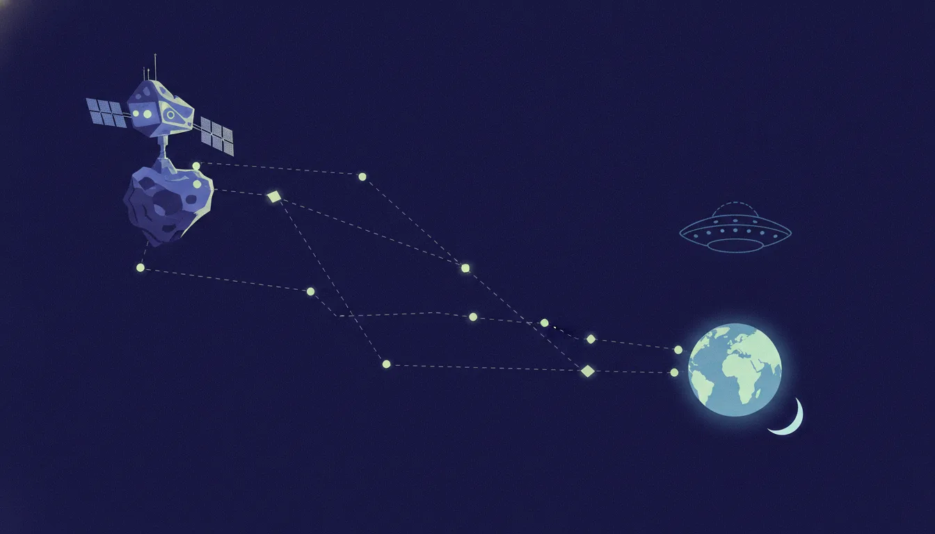 Flat illustration of a dark indigo sky: a small geometric station anchored to an asteroid at top left sends dotted lines through a scattering of tiny lime-green probe nodes and diamond-shaped relays down to a glowing Earth and a crescent Moon at bottom right, while a flying saucer drawn only as a faint outline hovers empty above Earth