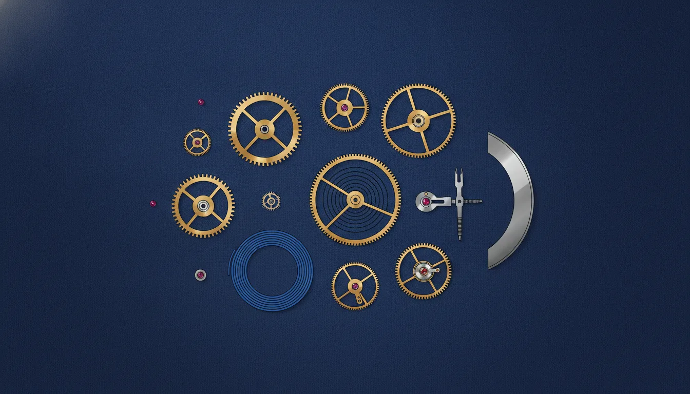 Editorial flat-lay illustration on a deep indigo background of disassembled mechanical watch parts: several brass gear wheels with spoked centres, a tightly coiled blue mainspring, a barrel wheel, tiny ruby jewels, a pallet fork and a polished steel half-moon automatic winding rotor at the right