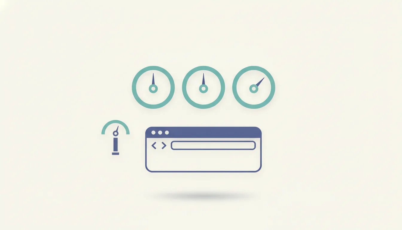 Three speedometer gauges above a browser window and a small speed meter, in indigo and teal