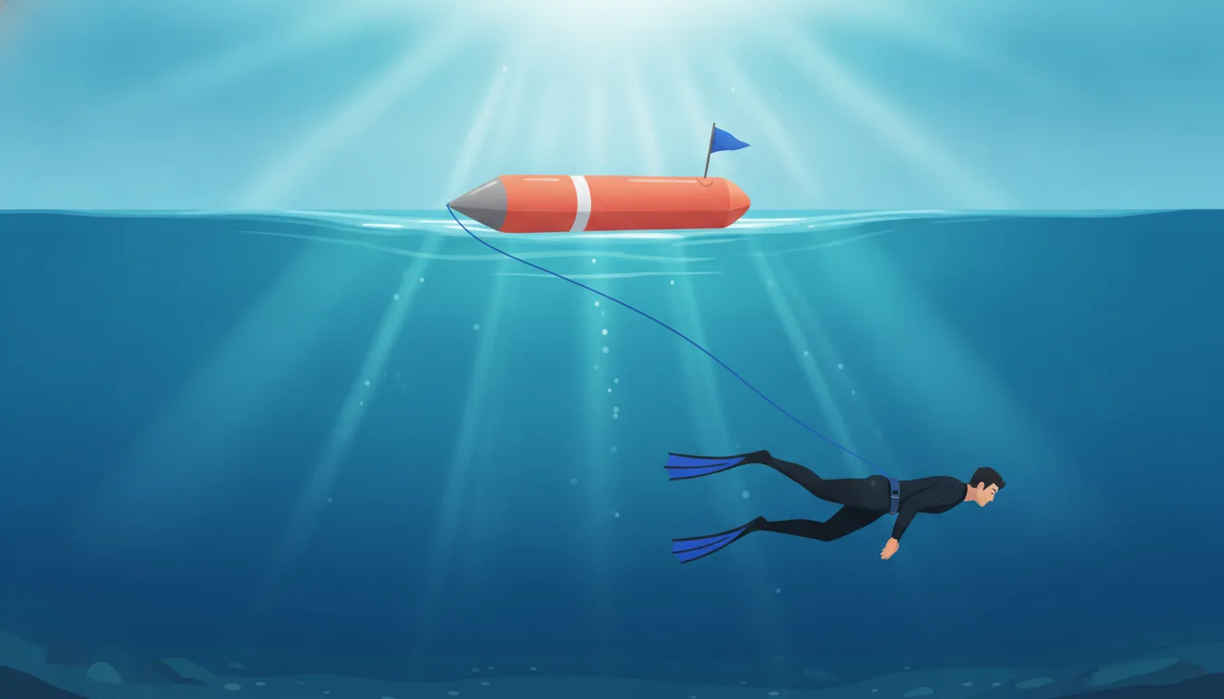 Split-level illustration of an orange torpedo tow buoy with a dive flag floating on a sunlit sea, its line running down to the waist belt of a freediver descending a few metres below