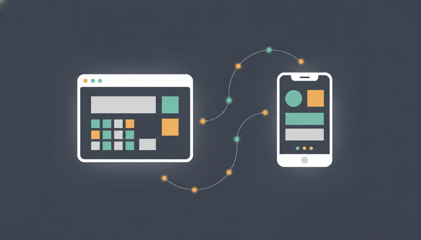 A browser window on the left connected by a bridge of dotted nodes to a smartphone on the right, illustrating the translation from web development to React Native