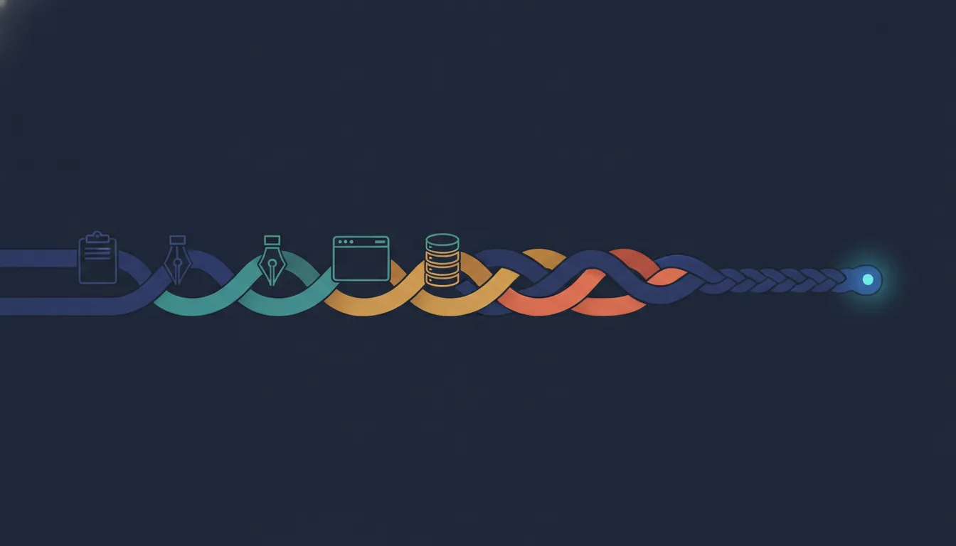 Flat illustration on a dark navy background: four coloured ribbons — indigo, teal, amber and coral — run in from the left, each threaded through a thin-line icon for a clipboard, a pen nib, a browser window and a database, then braid together into one thick indigo rope that ends in a glowing blue node on the right.