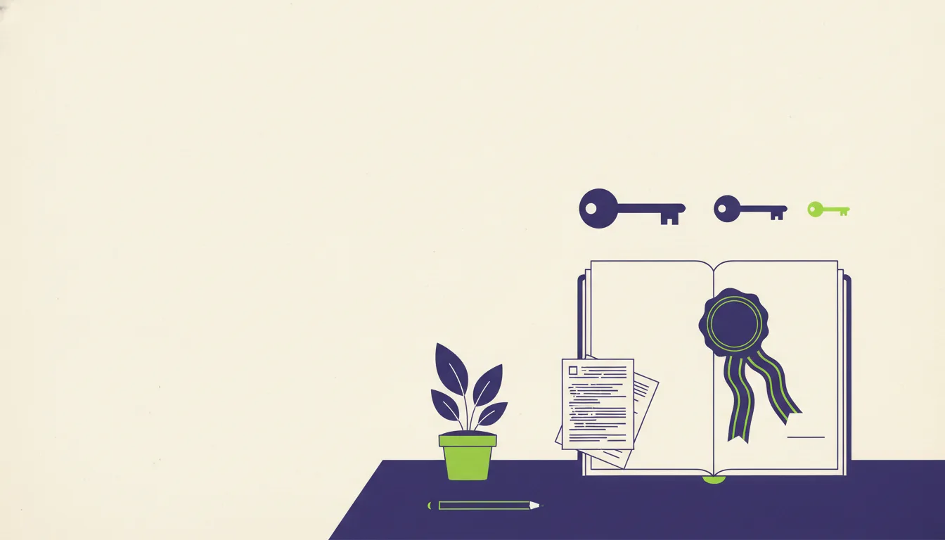 Flat illustration of a desk: an open book with a wax seal and a ribbon, a small stack of printed source code beside it, three keys of different sizes floating above, and a potted plant and pencil at the edge. The keys stand for the different levels of permission a license gives.