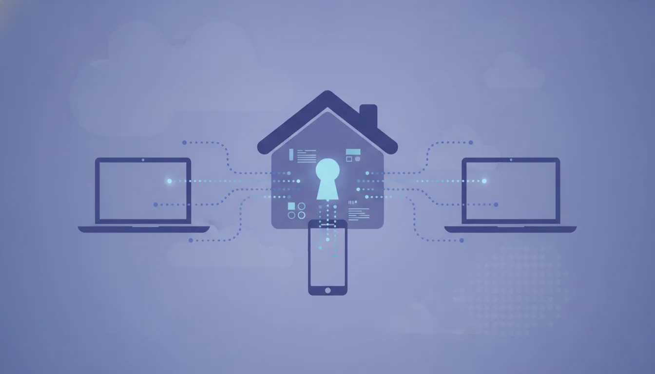 Dotfiles syncing across two laptops and a phone through a central hub marked with a house-and-keyhole motif
