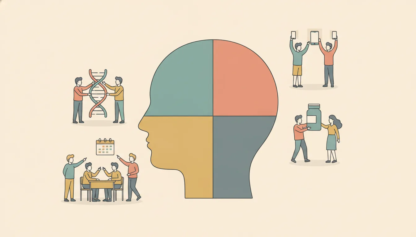 A human head in profile split into four coloured parts, with small groups of people around it arguing over DNA, a school classroom, a pill bottle and phone screens