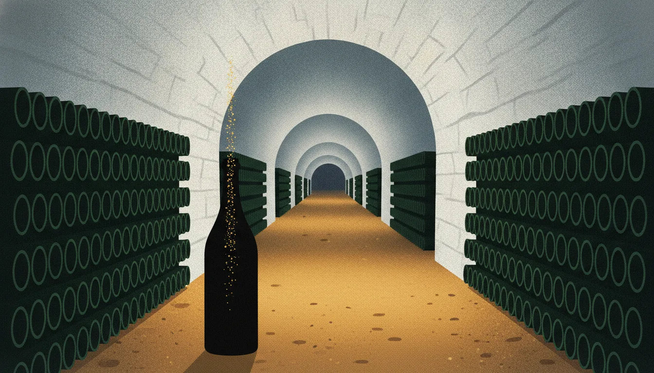 A chalk cellar in Champagne: rows of dark bottles resting on their sides in a vaulted tunnel cut into white chalk, a single bottle standing in the foreground with a stream of fine bubbles rising through it