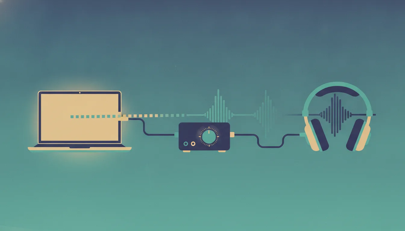 A desktop hi-fi signal chain: laptop connected to a small DAC/amp box and over-ear headphones