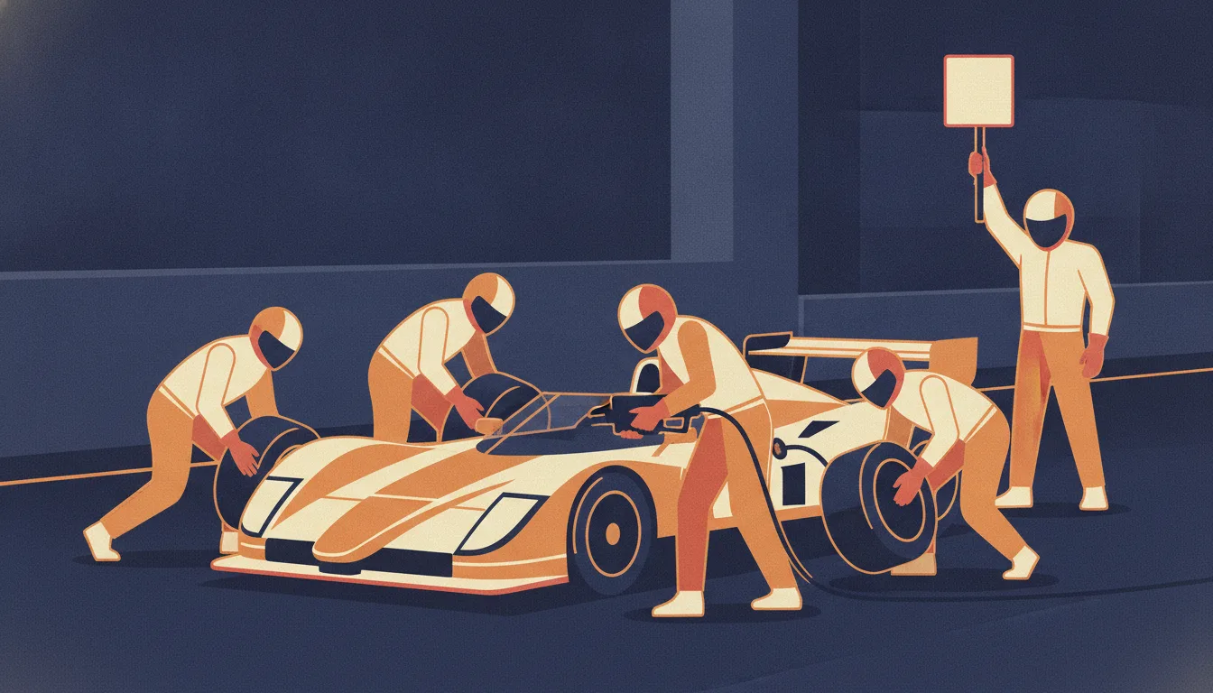Stylized illustration of a motorsport pit crew working around a race car in unison, no single figure standing out