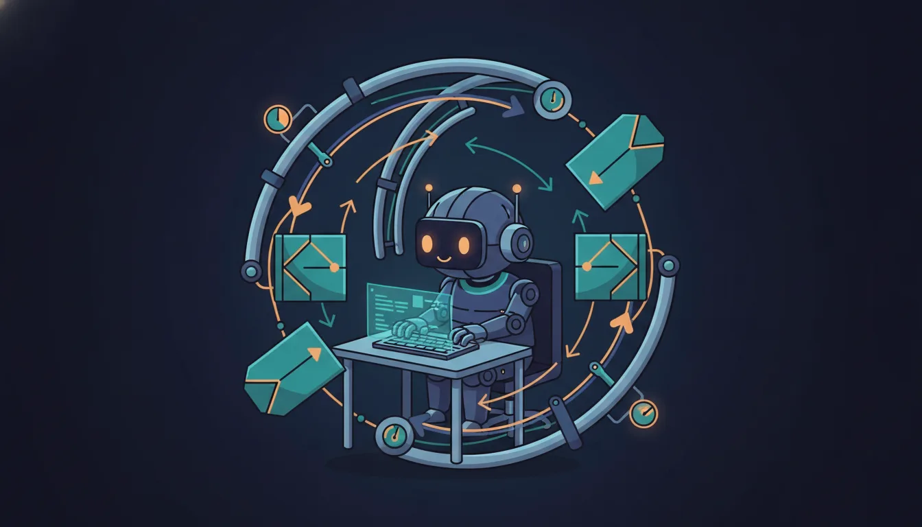 A small robot typing at a desk, ringed by a rig of curved rails, dial gauges, gates and feedback arrows looping back toward it