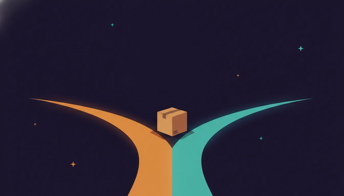Two diverging roads pulling a package box in opposite directions