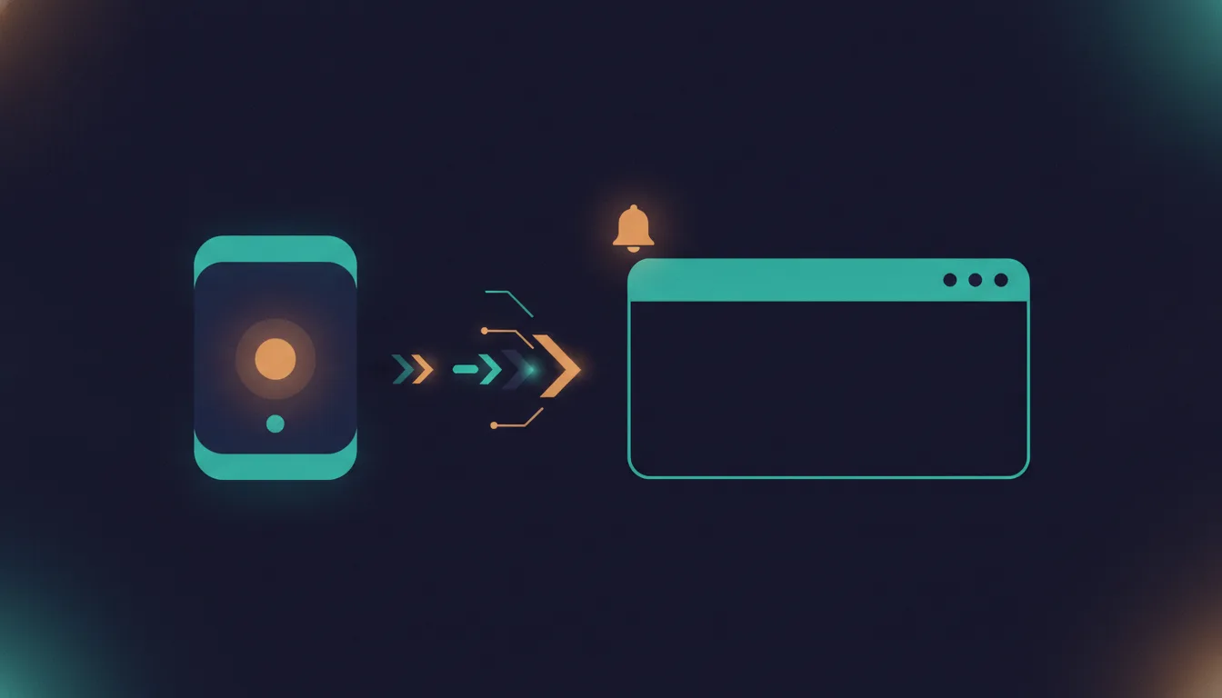 A server on the left streaming a one-way flow of glowing message arrows toward a browser window on the right, with a small notification bell above it