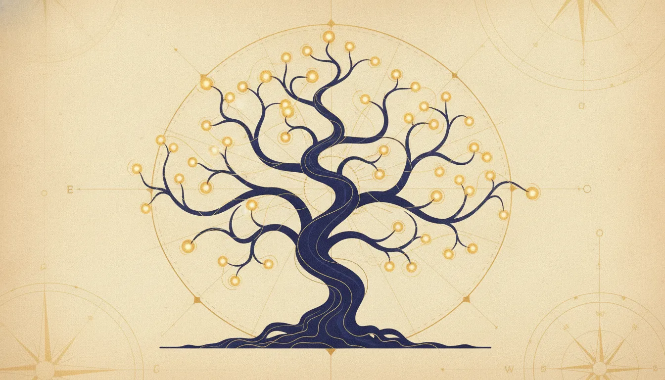 A branching family tree of names radiating from a single root, evoking one name splitting into many across languages