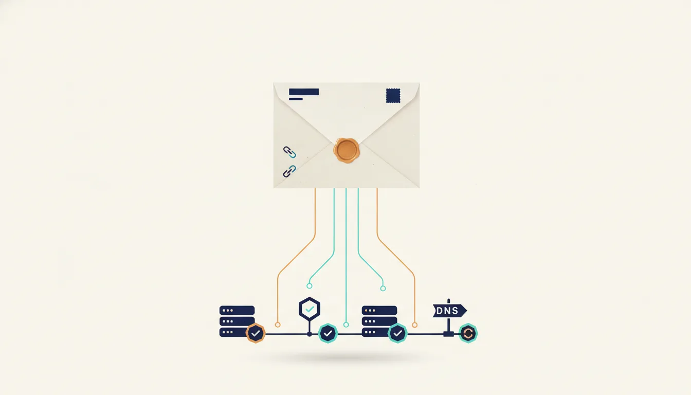A paper envelope with a wax seal, a stamp, a return-address bar and two link icons. Thin lines run from it down to a row of servers, check-mark shields and a signpost marked DNS.