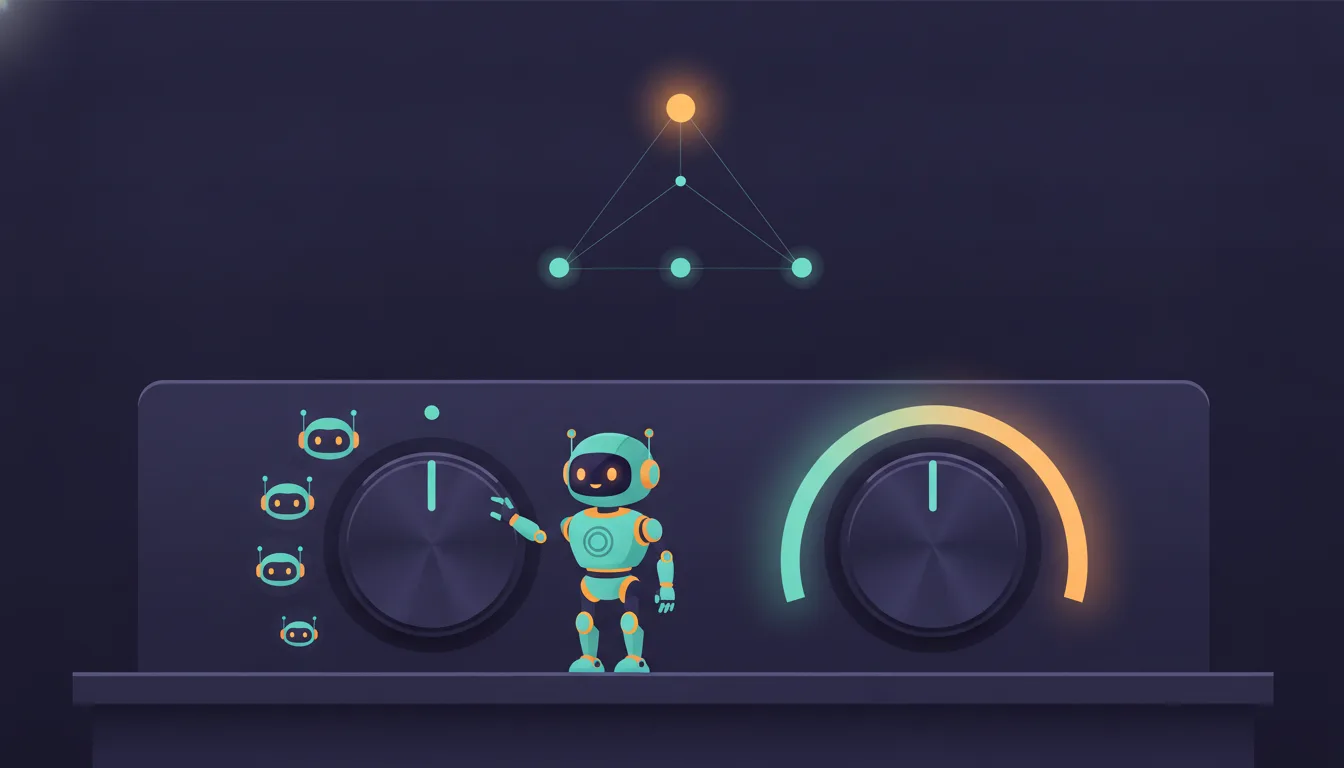 A control panel with two dials — one for model capability, one for reasoning effort — with a small robot adjusting them