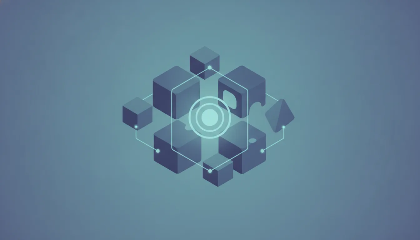 Nested modular blocks snapping together around a shared glowing state core