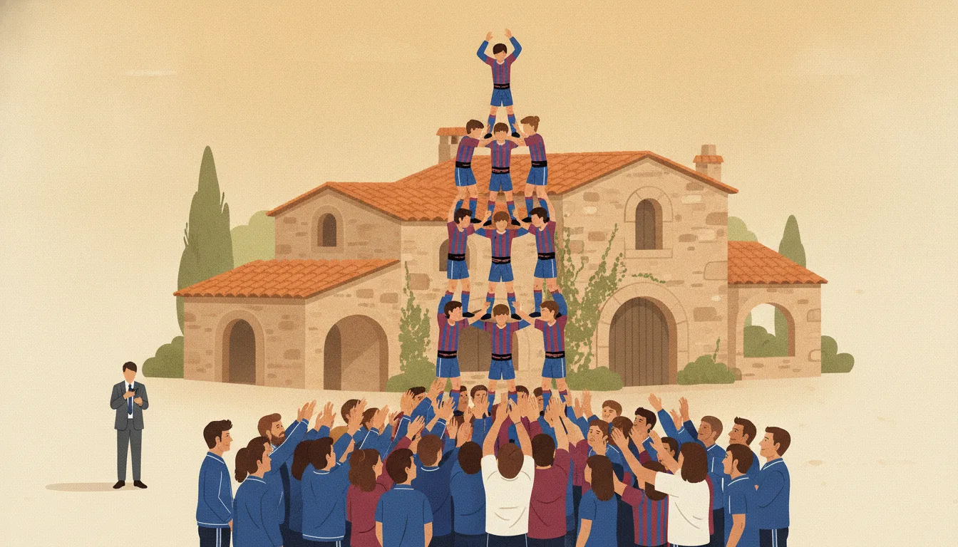 Illustration of young footballers in blue and dark red shirts forming a Catalan human tower in front of an old stone masia. A large crowd of coaches, parents and club members at the base holds the tower up, while a small man in a business suit stands apart, looking at his phone.