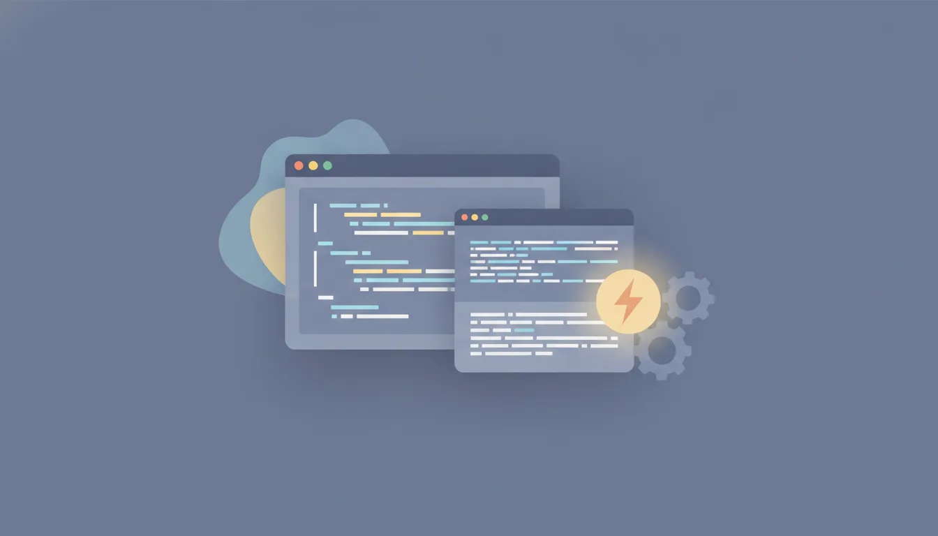 A fresh web project scaffold with a code editor and terminal, build-tool gears, and a lightning bolt