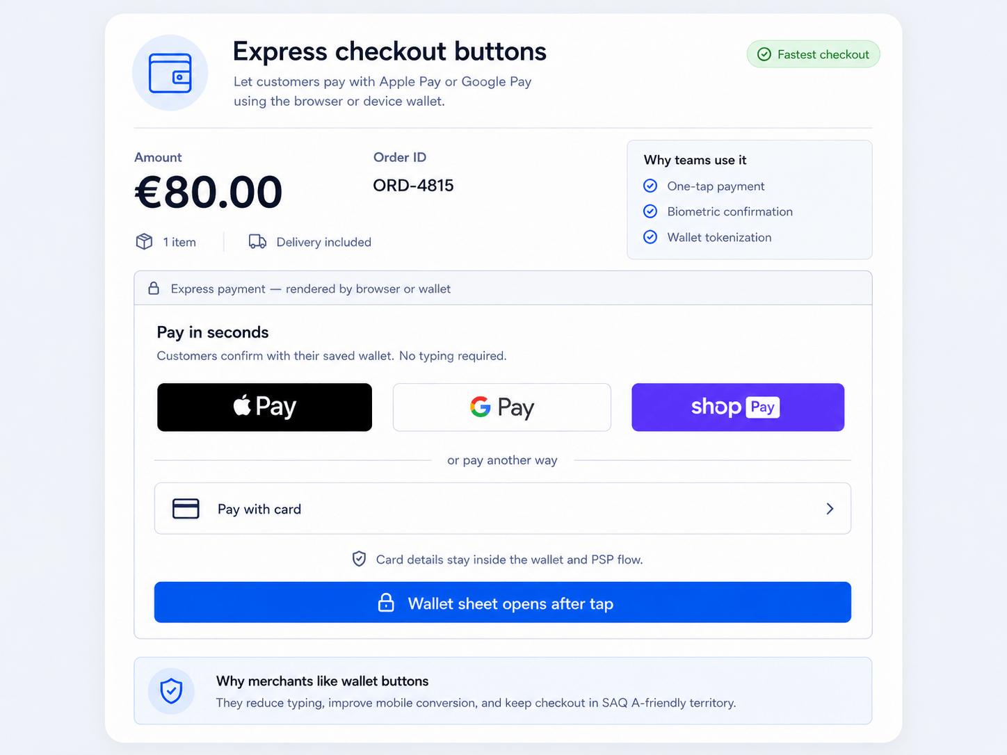 An express-checkout screen with Apple Pay, Google Pay, and Shop Pay buttons plus a 'Pay with card' fallback; the wallet sheet opens on tap and confirms with biometrics, so the customer types nothing.