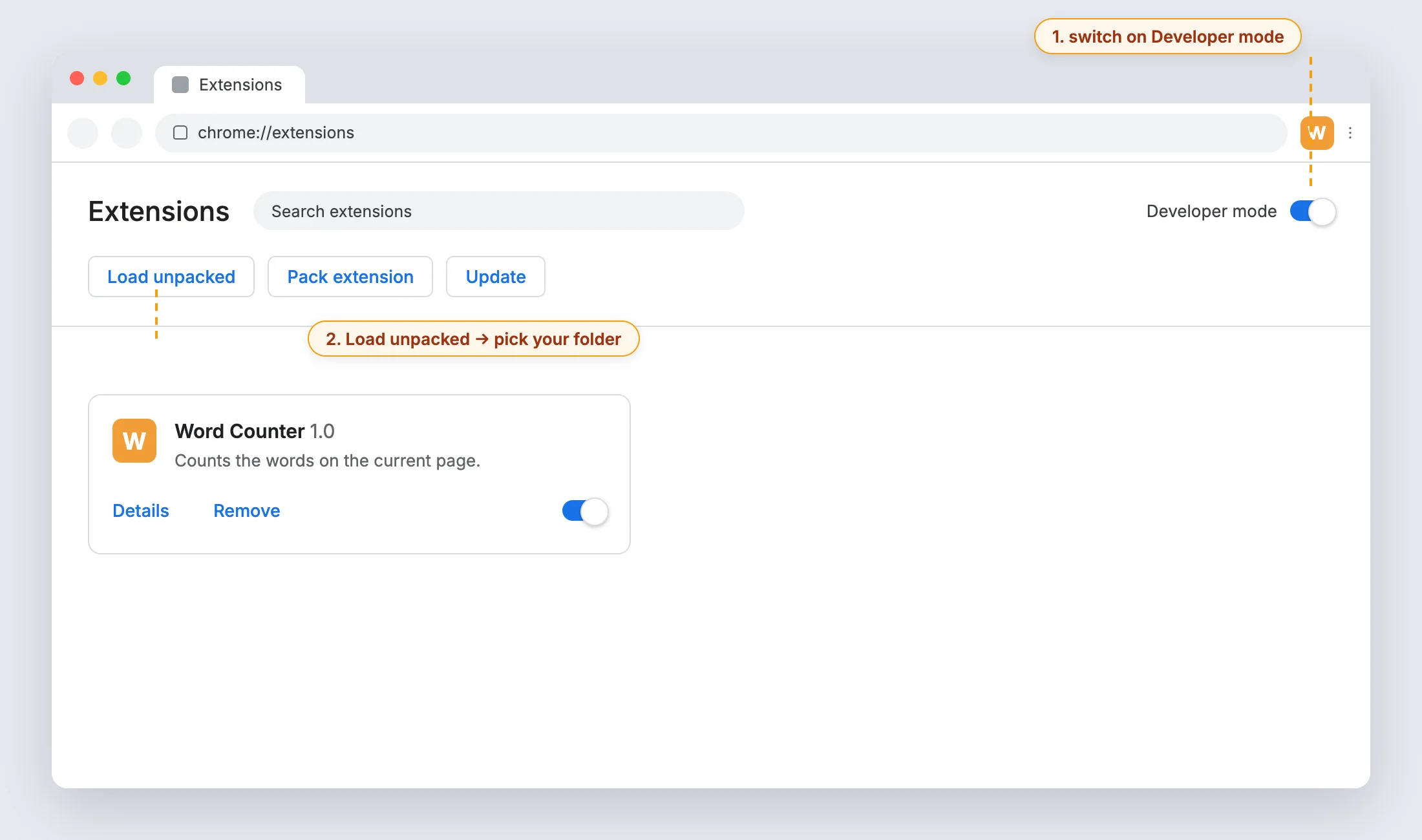 Simulated chrome://extensions page with Developer mode switched on, the Load unpacked button, and the Word Counter extension card