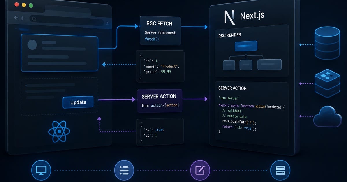 A running Next.js app exchanging RSC payloads and Server Action POSTs with the server over a streamed connection