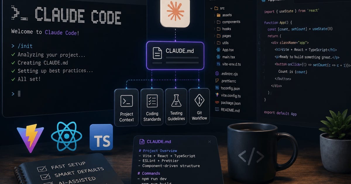 Claude Code running in a terminal beside a Vite + React + TypeScript project