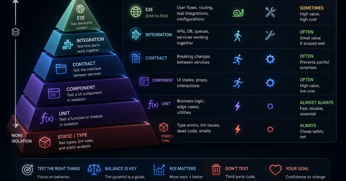 A software testing pyramid — E2E, integration, contract, component, unit, and static/type from top to bottom — beside a table rating each type by what it catches, speed, maintenance cost, and whether it's worth it.