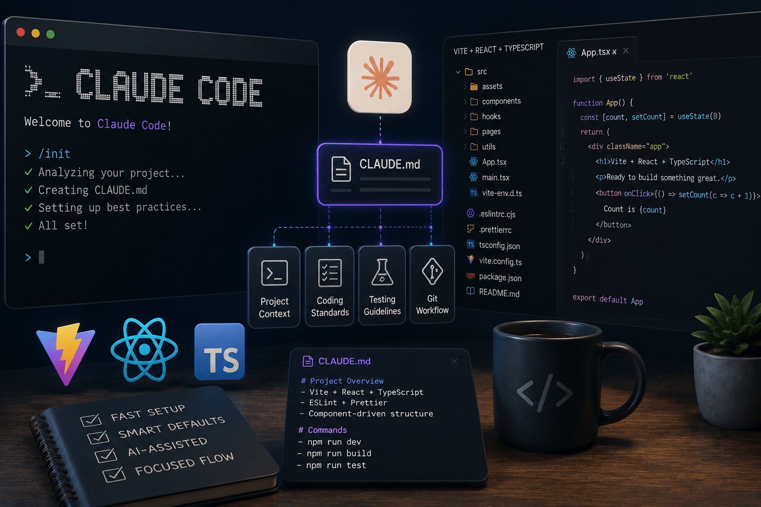 Claude Code running in a terminal beside a Vite + React + TypeScript project