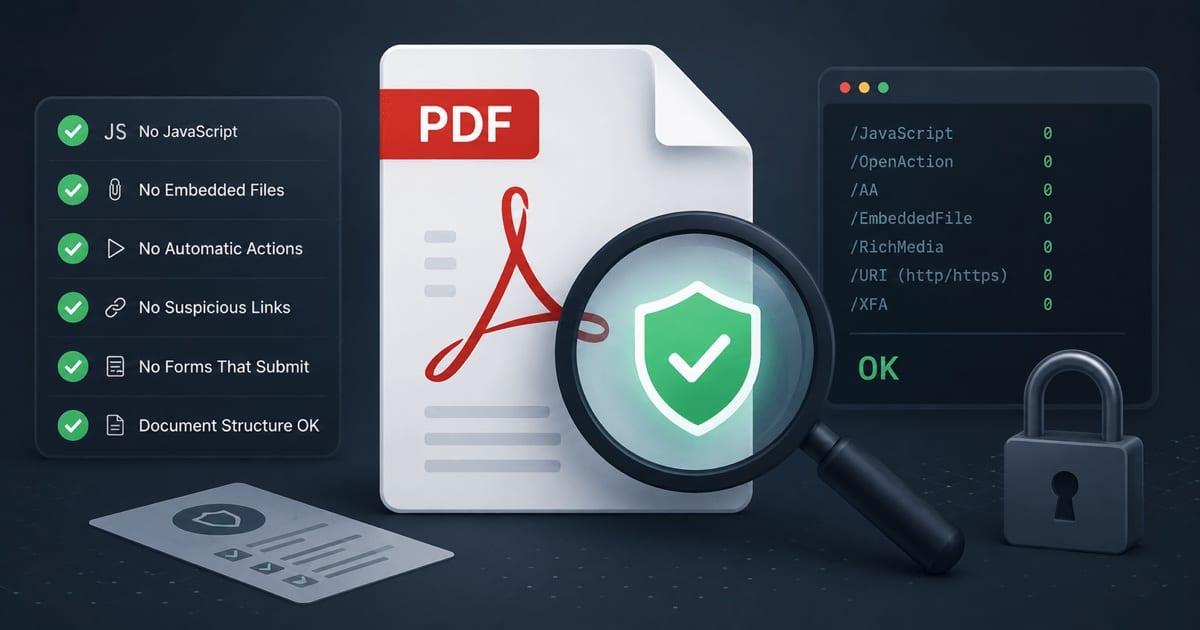 A PDF document icon being inspected through a magnifying glass