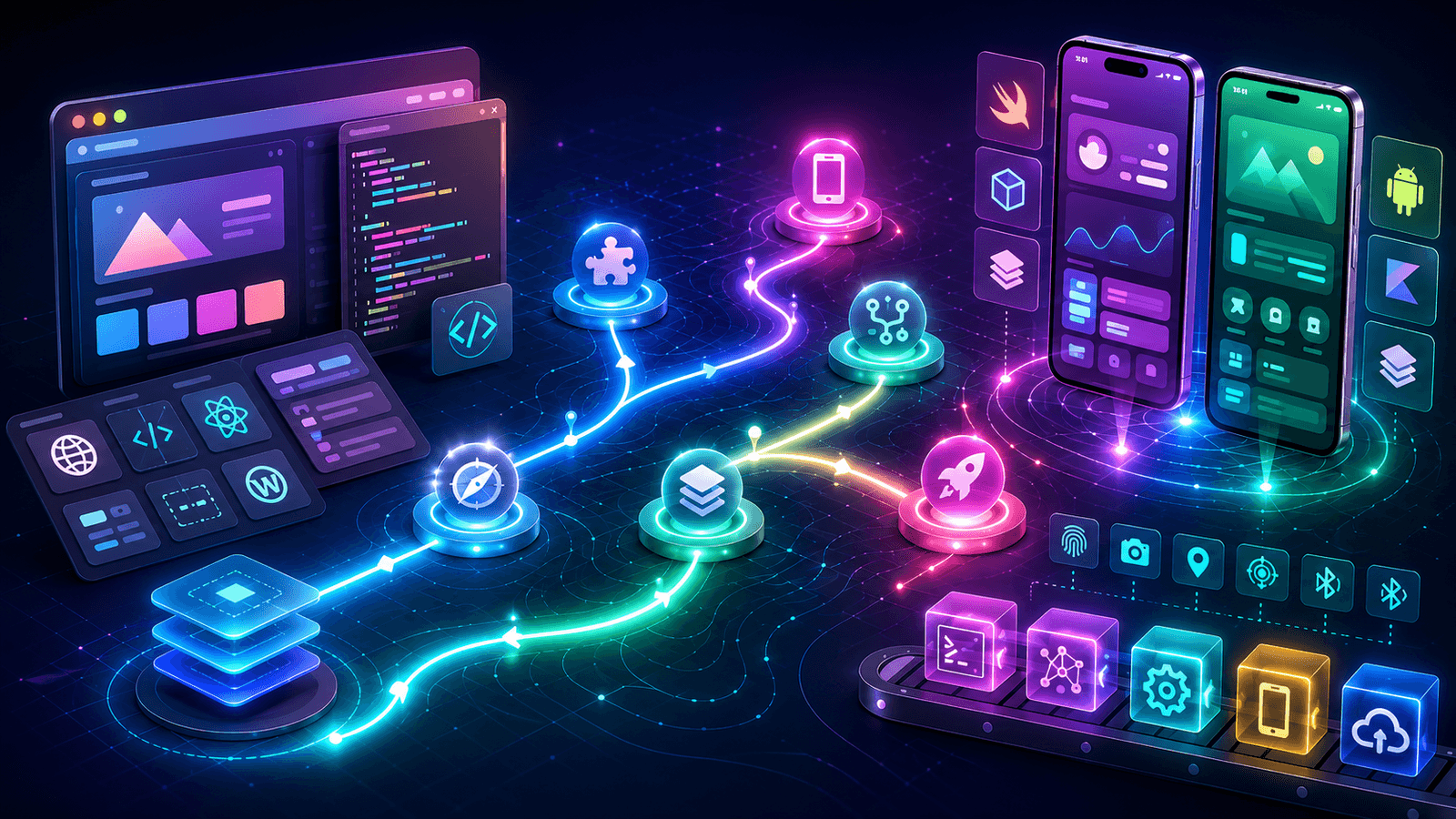 A translation map linking web development concepts to their native iOS and Android equivalents