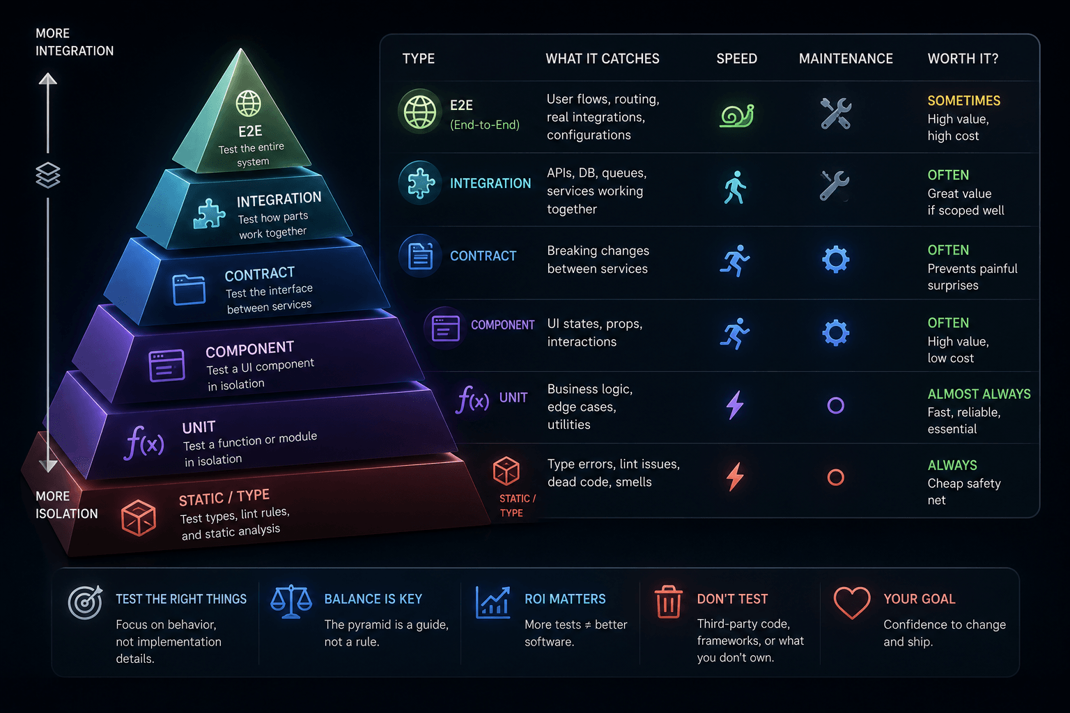 A software testing pyramid — E2E, integration, contract, component, unit, and static/type from top to bottom — beside a table rating each type by what it catches, speed, maintenance cost, and whether it's worth it.