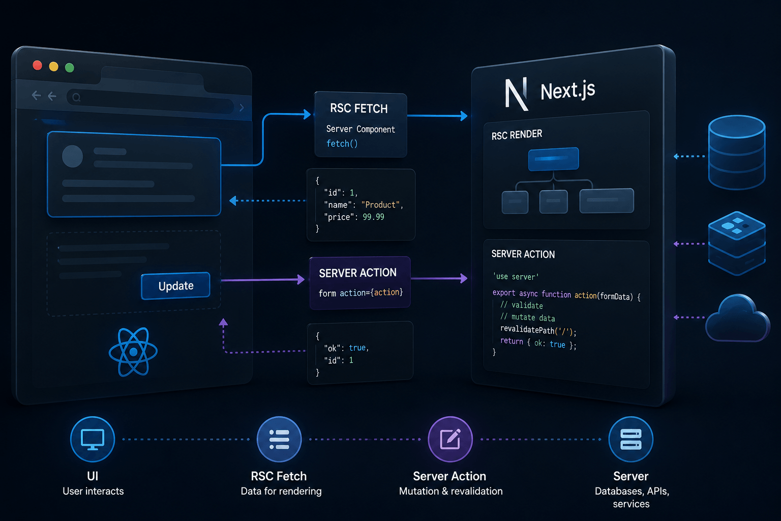 A running Next.js app exchanging RSC payloads and Server Action POSTs with the server over a streamed connection