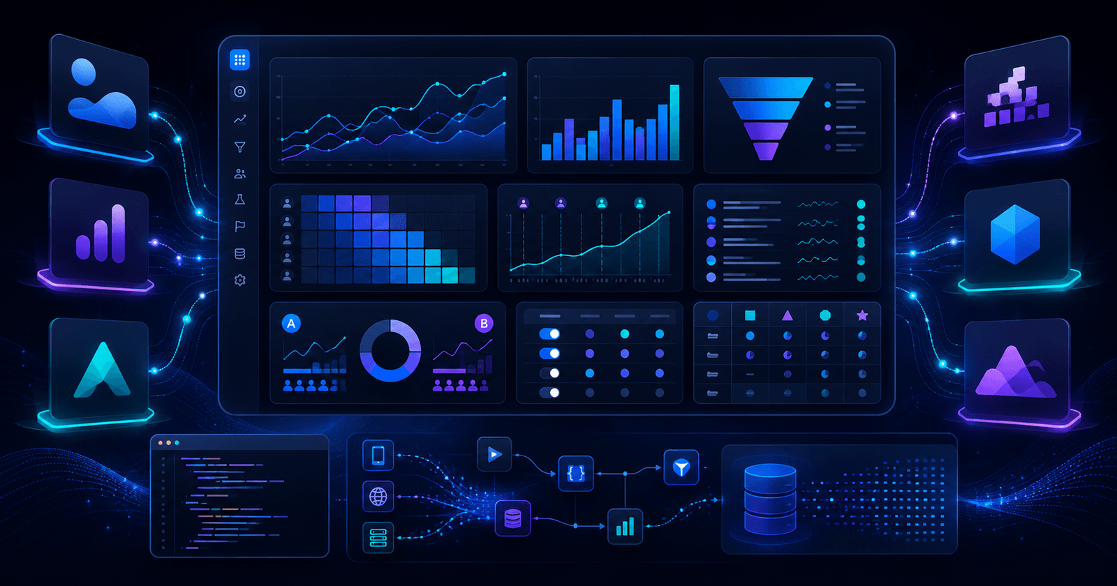 Product analytics tool logos arranged as a comparison grid