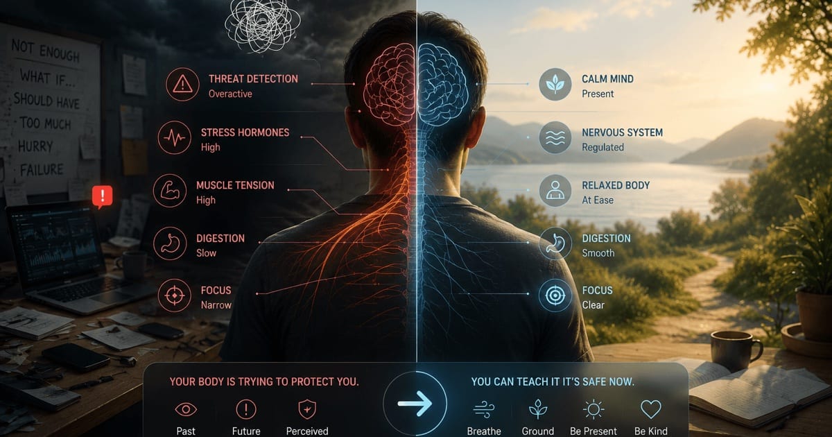 Split-screen of the same person from behind: on the left a dark, cluttered, stormy scene with an overactive red nervous system (threat detection high, stress hormones high, muscle tension, narrow focus); on the right a calm sunlit lakeside with a regulated blue nervous system (calm mind, relaxed body, clear focus). Caption: your body is trying to protect you — you can teach it it's safe now.