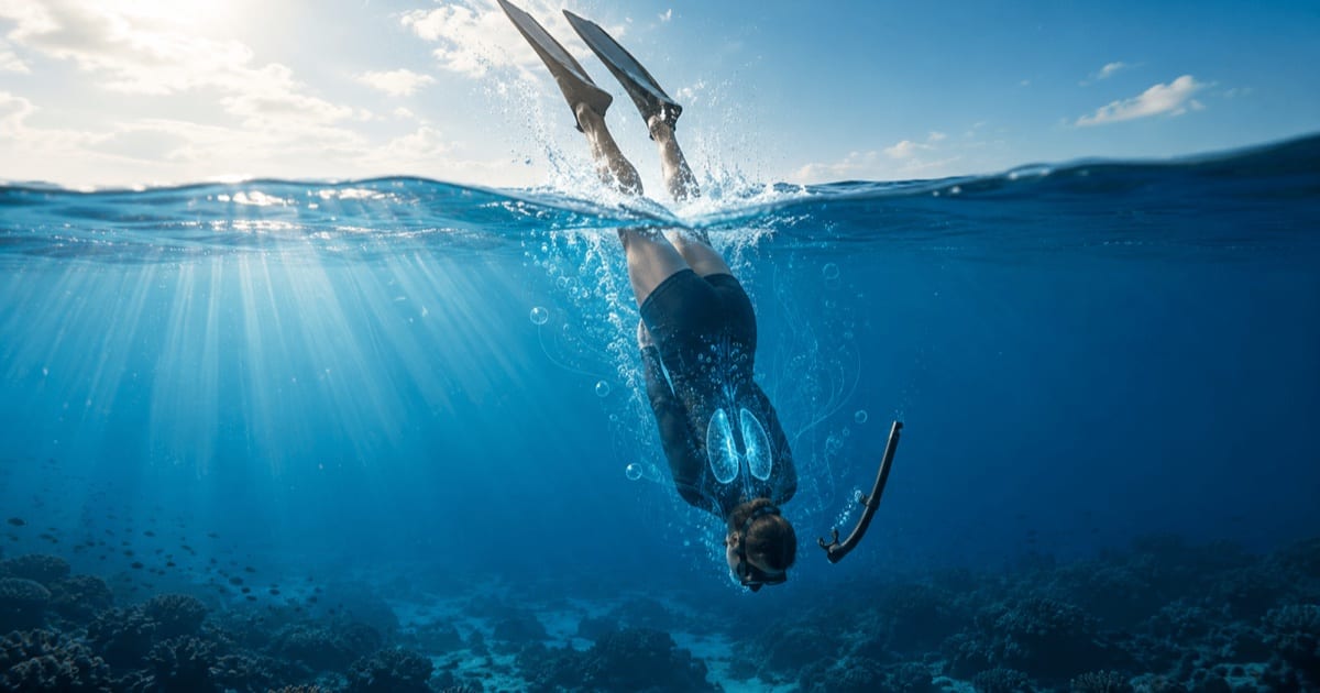 A snorkeler duck-diving below the surface, snorkel trailing from the mouth